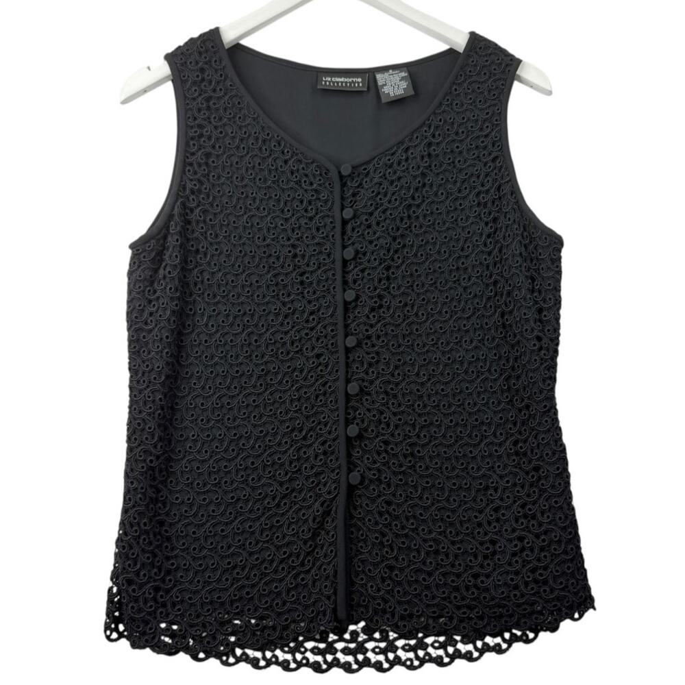 Liz Claiborne Collection Sleeveless‎ Lace Top Women’s 8 Black Button Front Tank
